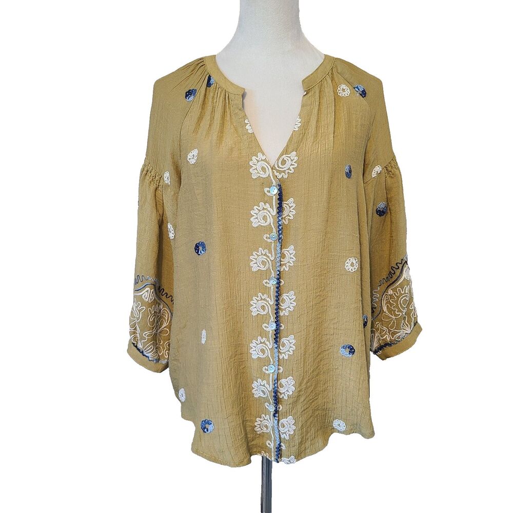 Figueroa & Flower Blouse L Yellow Embroidered Boho Peasant Tunic Button Front